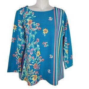 Bob Mackie Wearable Art Top Size XS Pullover Floral Striped Knit 3/4 Sleeve Teal